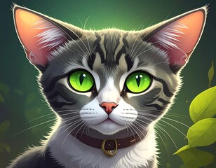 Adorable close-up portrait of a tabby cat with striking green eyes