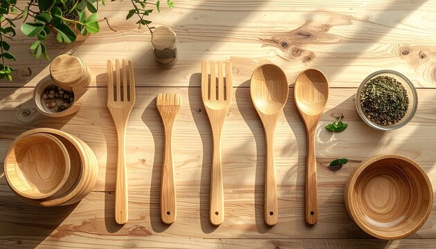 kitchen utensils on wooden table