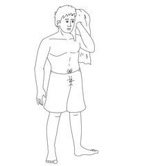 Cute cartoon hand drawn vector man with towel after shower outline.
