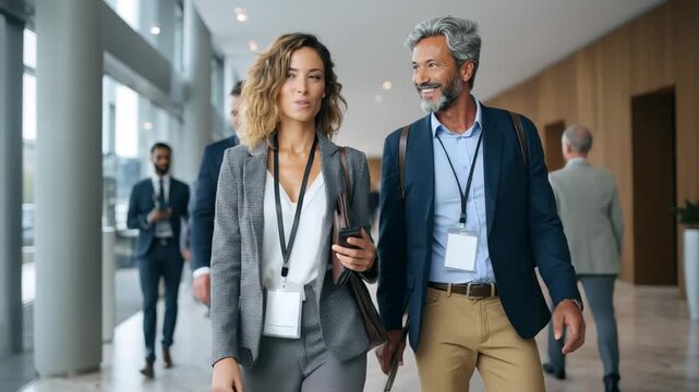 Business professionals engage in discussions while arriving at a conference venue in a modern building during the morning hours