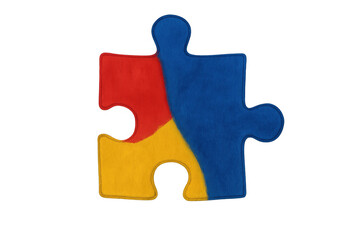 Fabric puzzle piece creating autism awareness symbol and neurodiversity concept on a transparent background