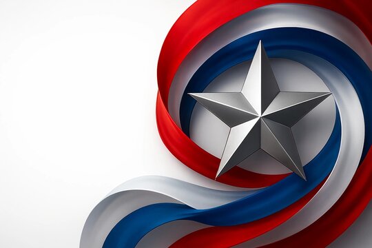 USA Patriotic star with red white and blue ribbon swirling on a clean white backdrop on transparent background