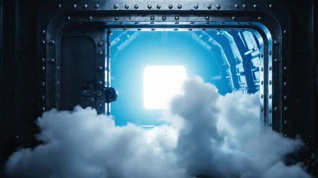 Unveiling the Enigma A brilliant energy cube radiates intense blue light from an opened futuristic vault, shrouded in mysterious, swirling vapor, hinting at groundbreaking discovery