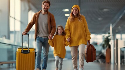 Family of three happily walking through an airport terminal holding hands, excited for their upcoming flight, with luggage in tow during the early morning hours