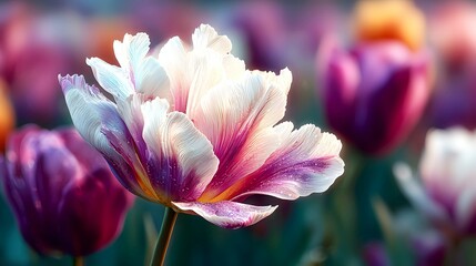 Fototapeta premium Colorful Gradient Tulip with Dewdrops, Creative Floral Art, High-End Material for Decoration & Advertising Design 