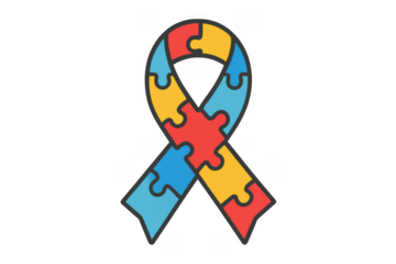 Autism awareness ribbon with colorful puzzle pieces, supporting neurodiversity and spectrum inclusion