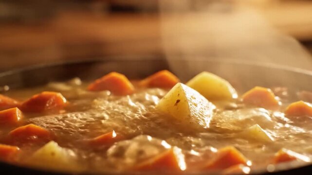 A steaming pot of hearty vegetable stew simmering on a rustic kitchen stove with wooden accents