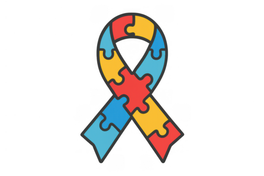 Autism awareness ribbon with colorful puzzle pieces, supporting neurodiversity and spectrum inclusion