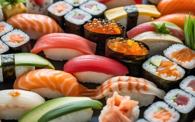 A colorful and delicious assortment of sushi, including nigiri, maki, and sashimi, arranged on a plate, showcasing the variety of japanese cuisine