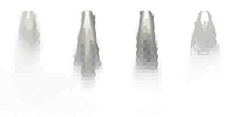 Four abstract futuristic towers with a pixelated textured effect against a black background