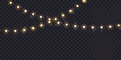 Warm glowing string lights create a festive atmosphere against a dark checkered background