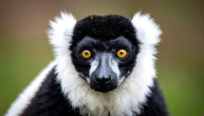 Obraz premium A black and white lemur with intense yellow eyes stares directly at the viewer