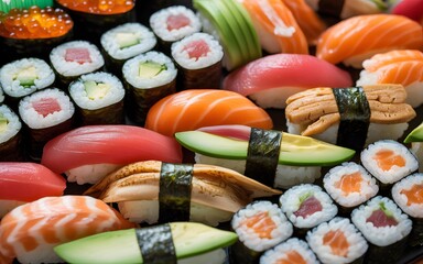 A vibrant and appetizing display of assorted sushi rolls, showcasing the diverse flavors and textures of japanese culinary art, close up view