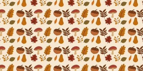 seamless pattern with autumn leaf mushroom set