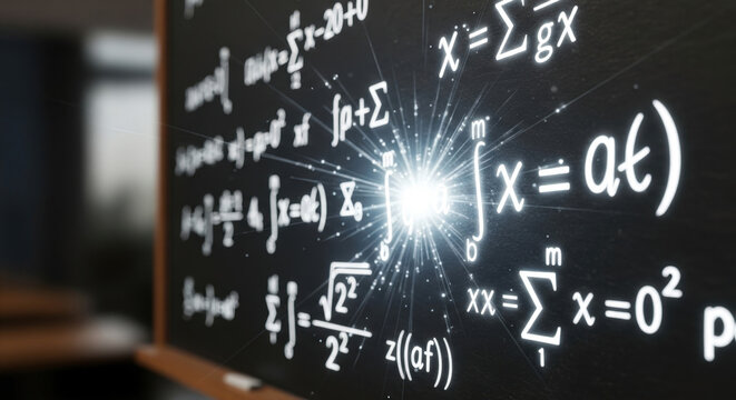 Science classroom board with radiant handshake among algebra and calculus