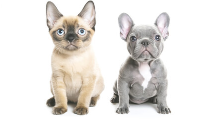 Obraz premium Two cute puppies sitting together against white background. Siamese kitten and French Bulldog puppy posing side by side in studio portrait showing friendship between different pet species.