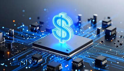 Holographic dollar sign above microchip on circuit board, glowing blue data trails, symbolizing tech-finance fusion.