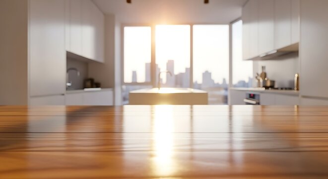 Polished dark wood kitchen table with warm sunlight reflection and blurred modern white cabinet background, ideal for product display - Powered by Adobe