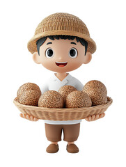 Cheerful cartoon boy wearing straw hat holding basket of rice.