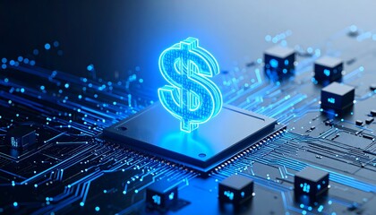 Holographic dollar sign above microchip on circuit board, glowing blue data trails, symbolizing tech-finance fusion.