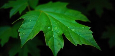 Close up of Dewdrops on Vibrant Beech Leaves Extreme close up of a fresh, vibrant green beech leaf covered in tiny, glistening dewdrops. Focus on the leaf texture and water droplet sparkle. No people