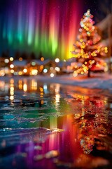 Celebraci&oacute;n navide&ntilde;a y de A&ntilde;o Nuevo bajo luces del norte y un &aacute;rbol adornado
