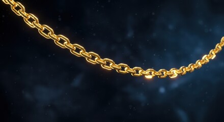 Segment of polished metal links hangs suspended against a dark, atmospheric background