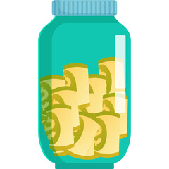 Teal Glass Jar Filled With Pickled Slices and Blue Lid in a Studio Lighting Setup Isolated on White Background