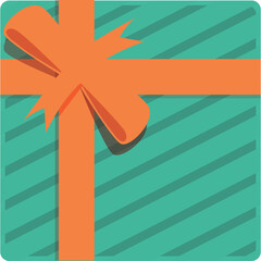 Teal Gift Box with Orange Ribbon and Bow Featuring Diagonal Stripes and Subtle Shadows