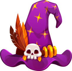 Halloween crooked purple witch or warlock vector hat decorated with yellow star pattern, white skull, orange feathers and golden rings. Cartoon witch cap for fantasy party, Halloween witchcraft usage
