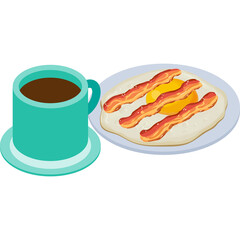 Teal Isometric Coffee Cup Next to Plate With Fried Egg and Bacon Strips Against White Background