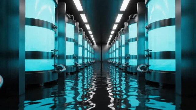 Science fiction corridor with rows of glowing blue cryogenic stasis pods in a high-tech laboratory