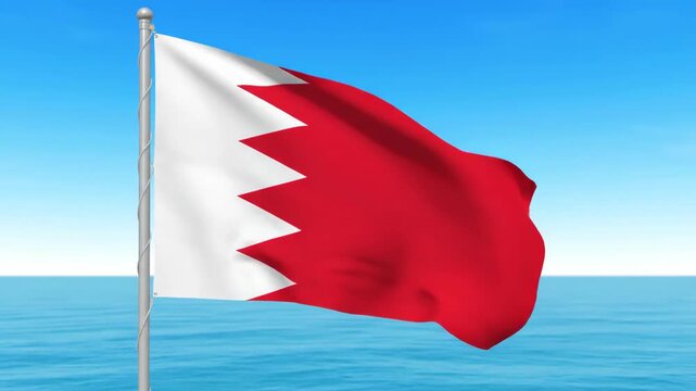 Waving Flag of Bahrain Against a Calm Seascape on a Clear Day