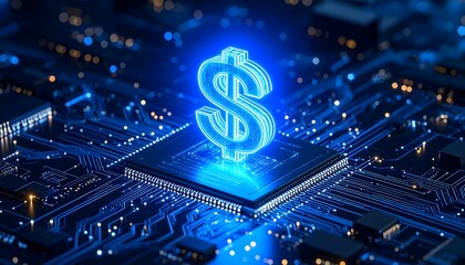 Glowing digital dollar hovering above CPU on motherboard, symbolizing fintech and digital currency.