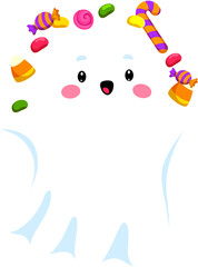 Funny kawaii Halloween ghost character juggling colorful candies, lollipops and sweets. Cute cartoon spirit celebrating trick or treat night. Spooky vector personage for Halloween party
