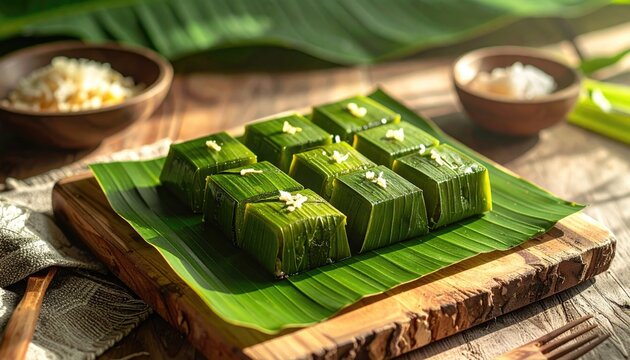 Indian Sweet Mitha Green Dessert Slices Topped with Shredded Coconut and Nuts Served on Banana Leaf with Rustic Wooden Platter Sunlight Lighting