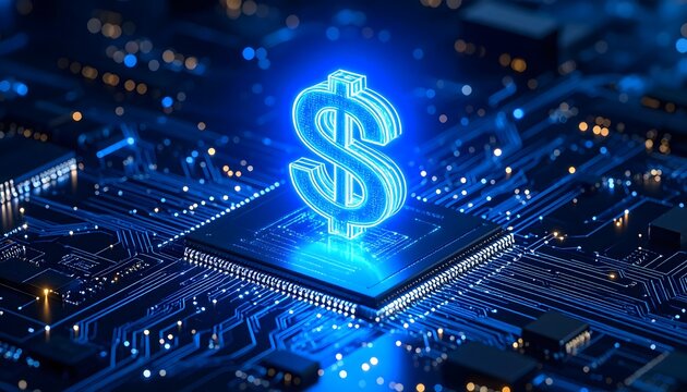Glowing digital dollar hovering above CPU on motherboard, symbolizing fintech and digital currency. - Powered by Adobe