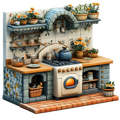 Charming Miniature Kitchen with Floral Accents and Blue Kettle.