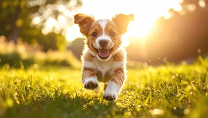 Joyful Small Dog Running in Sunlit Grassy Field with Lens Flare Golden Hour Lighting Outdoors