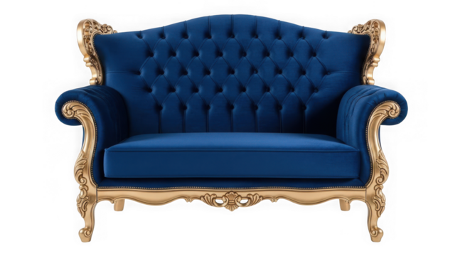 3d royal blue velvet armchair with ornate gold frame isolated on transparent background - Powered by Adobe
