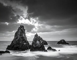 Dramatic Seascape - Jagged Rocks and Ethereal Light in Black and White.