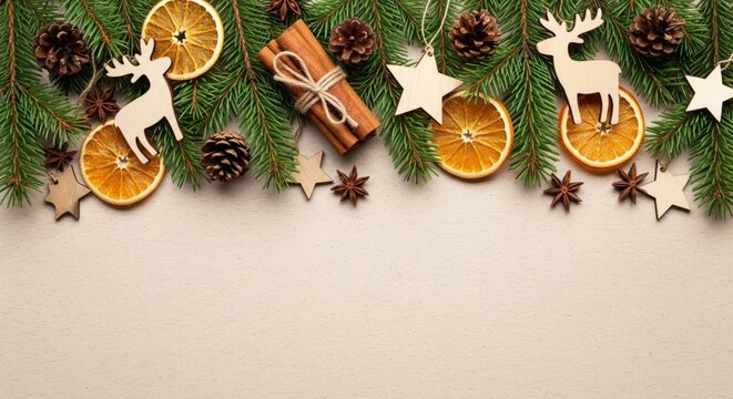 Christmas background with fir branches and decorations border isolated white background