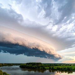 Dramatic Sky Over River Landscape with Approaching Storm Clouds.