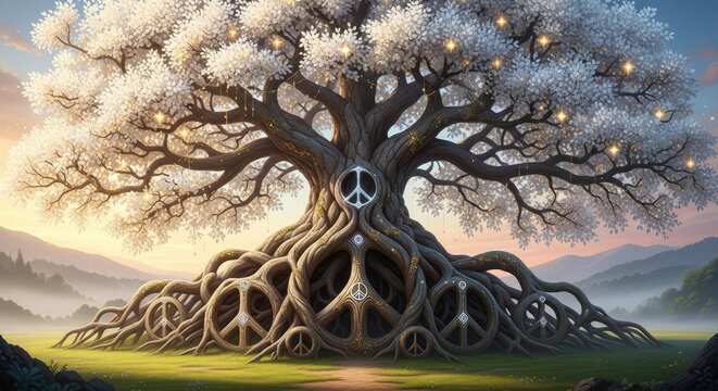 Majestic flowering tree with peace symbols intertwined in its roots
