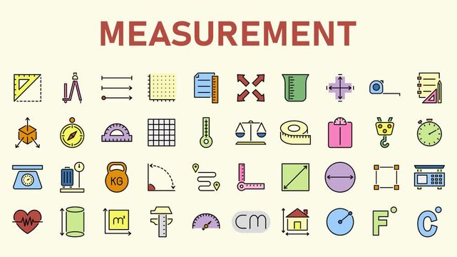 Weights lengths and Measures Icons Editable Stroke Scale and Size icon set. Measurement related video icon collection.