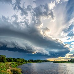 Dramatic Storm Clouds Over the River Landscape.