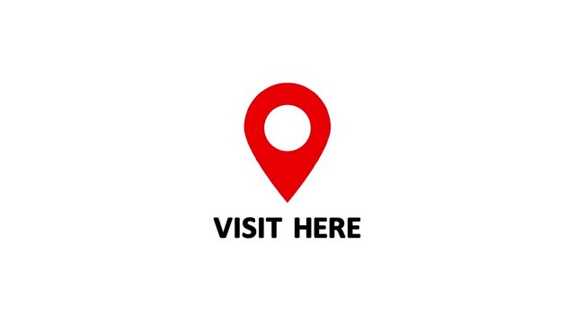 red location pin icon with the word Visit Here below on a black background map marker navigation.