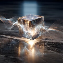 Glowing Energy Cube with Light Trails on Dark Surface Background