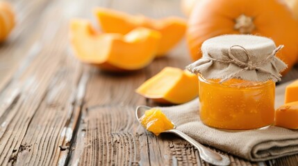 Homemade pumpkin jam in a jar on a rustic table, with fresh pumpkin slices and a vintage spoon beside it.