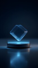 Floating Transparent Cube with Soft Blue Light on Dark Background